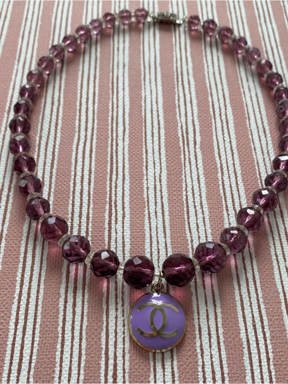 $165 true vintage Purple Beaded Necklace with Lavender CC Pendant